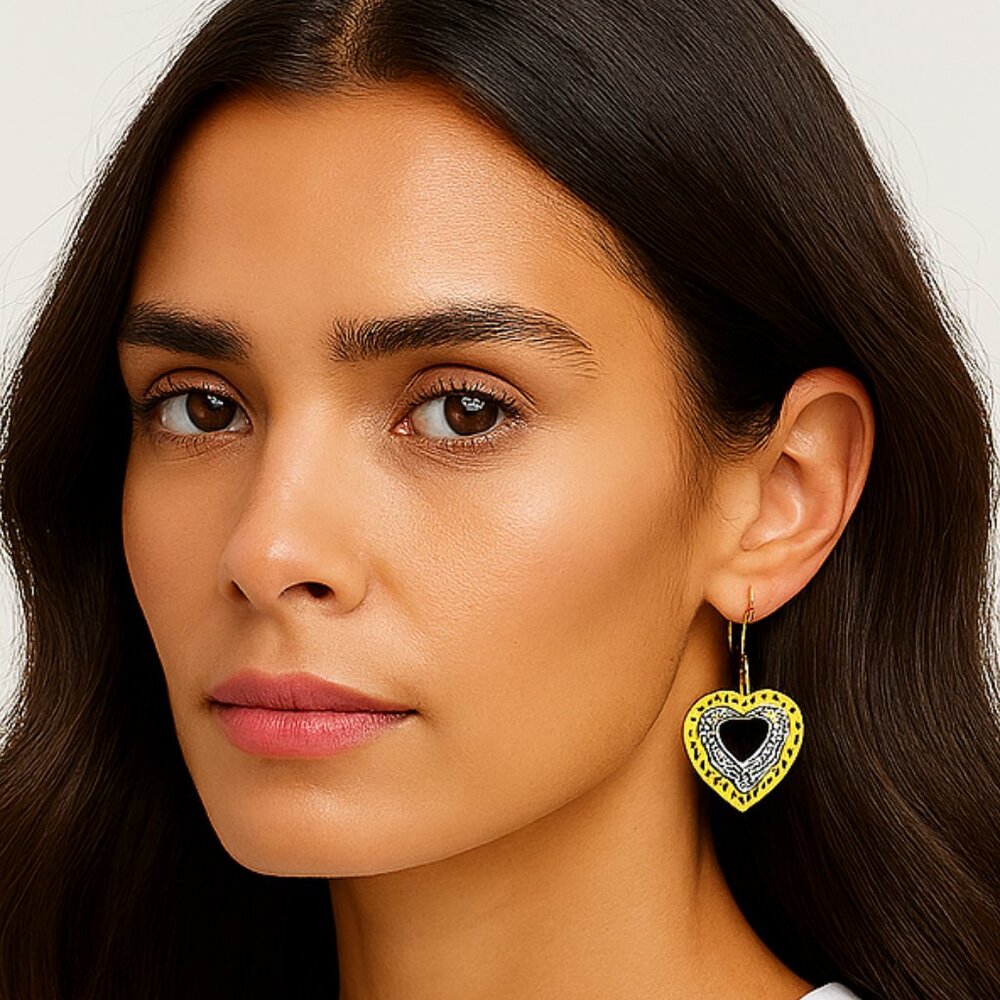 Fashion Jewelry Double Filigree Heart Earrings Yellow Silver Tone New